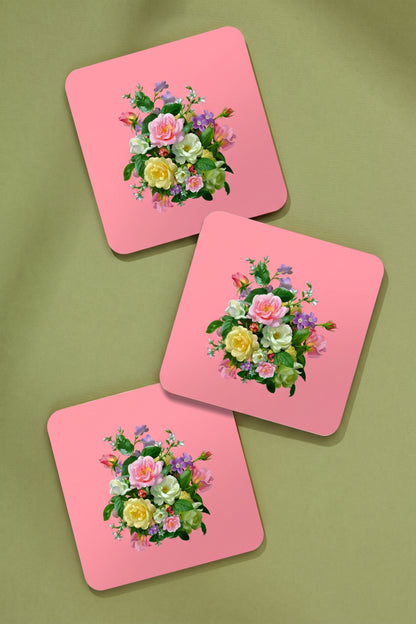 Pastel Floral Drink Coaster, Waterproof Non-Slip Rubber Base Table Mat